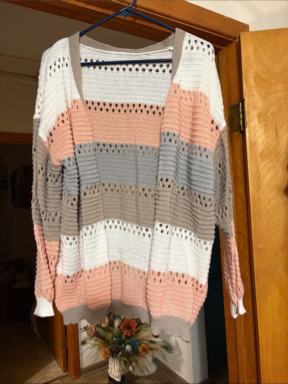 Open-Knit Striped Sweater - White, Peach & Taupe